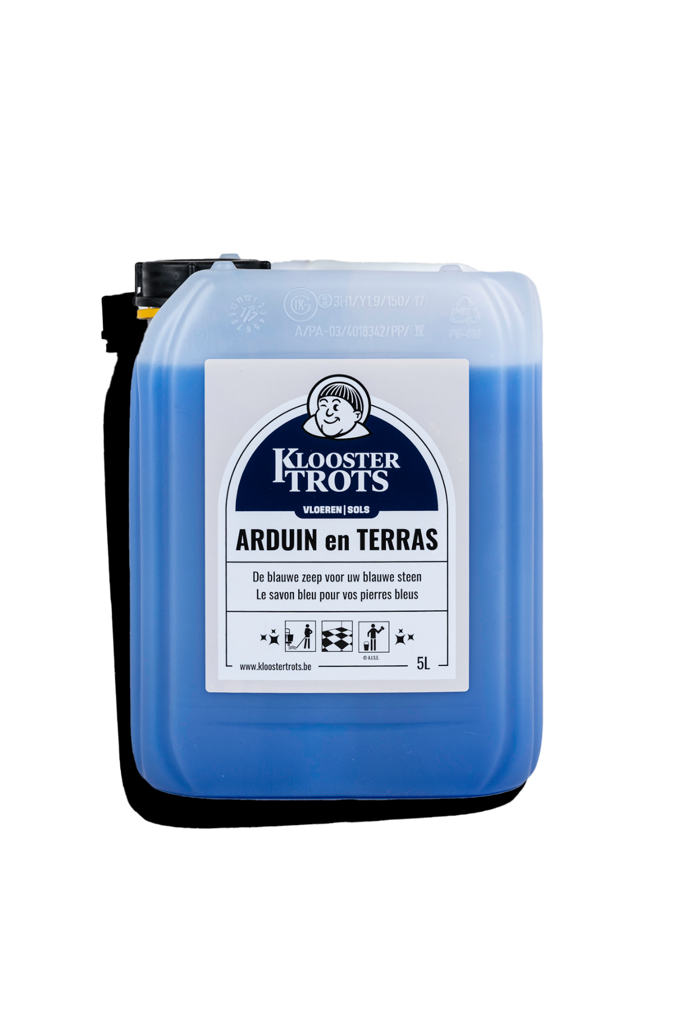 grote bidon van 5 liter Kloostertrots arduin en terras zeep. blauwe zeep geschikt voor reiniging blauwe steen.