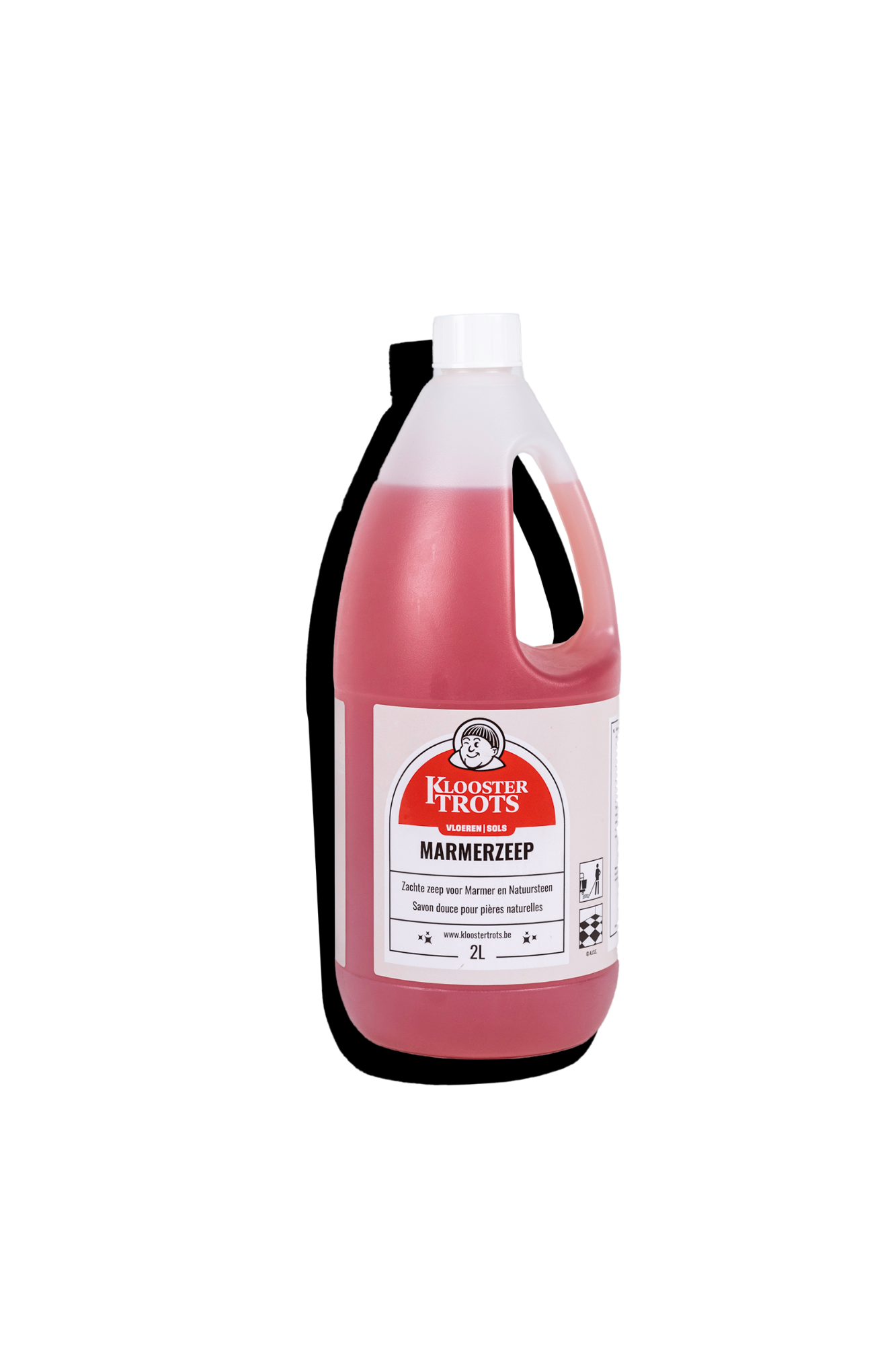 Kloostertrots reinigingsmiddel in fles van 2 liter met rode kleur geschikt voor marmer.