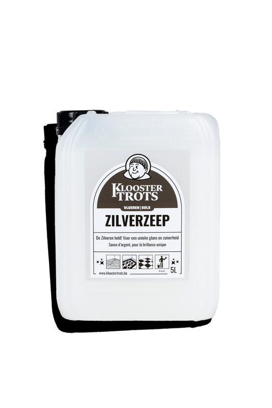 jerrycan 5 liter zilverzeep van Kloostertrots. Geschikt voor stenen vloeren.