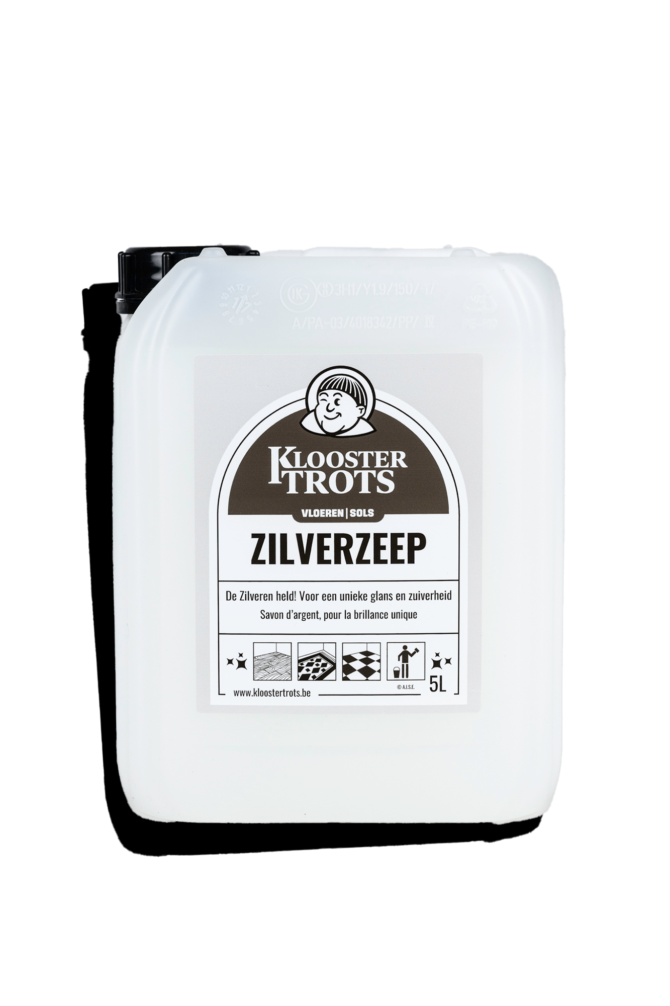 Kloostertrots zilverzeep in bidon van 5 liter. Witte vloerzeep voor reinigen van stenen vloeren.