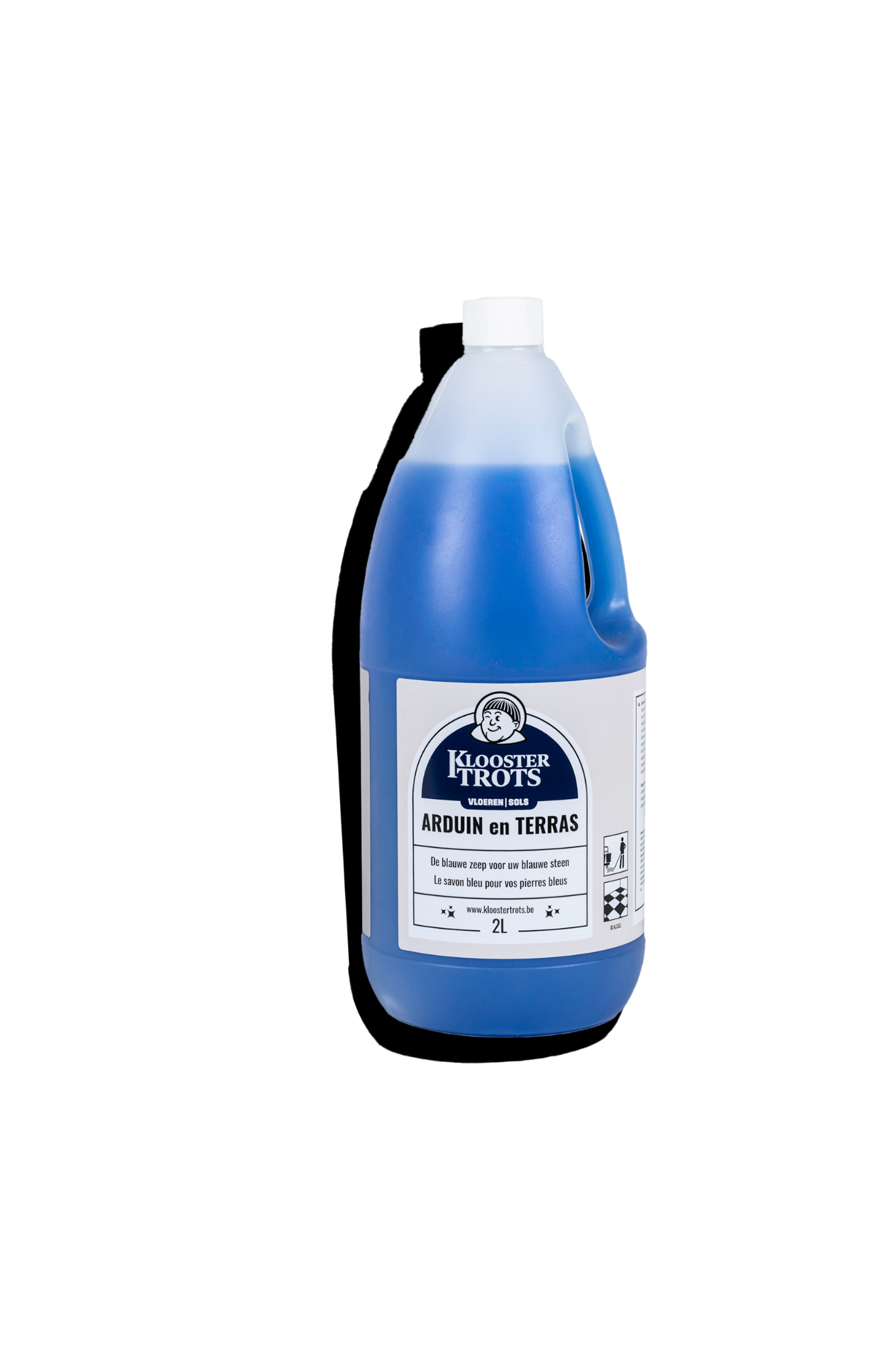 Klostertrots Arduin en terras zeep in fles van 2 liter. Blauwe zeep voor blauwe steen.