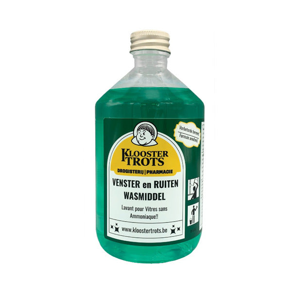 Kloostertrots fles van 0,5 liter met venster en ruitenwasmiddel. Geschikt voor reinigen van ruiten en glazen met emmer en spons
